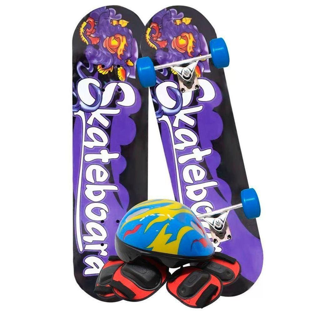 Skate Infantil Estampado Roxo Kit Equipamentos De Proteção