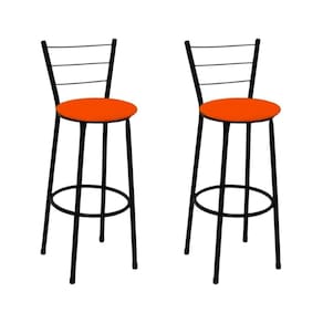 Kit 2 Banquetas Médias Preta com Encosto Assento Laranja