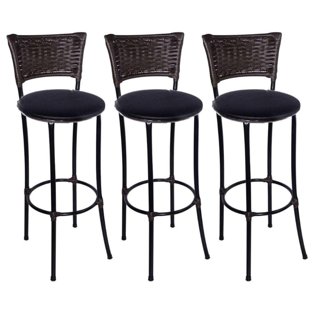 Kit 3 Banquetas Alta Romana Preta com Encosto Junco Preto Assento Preto