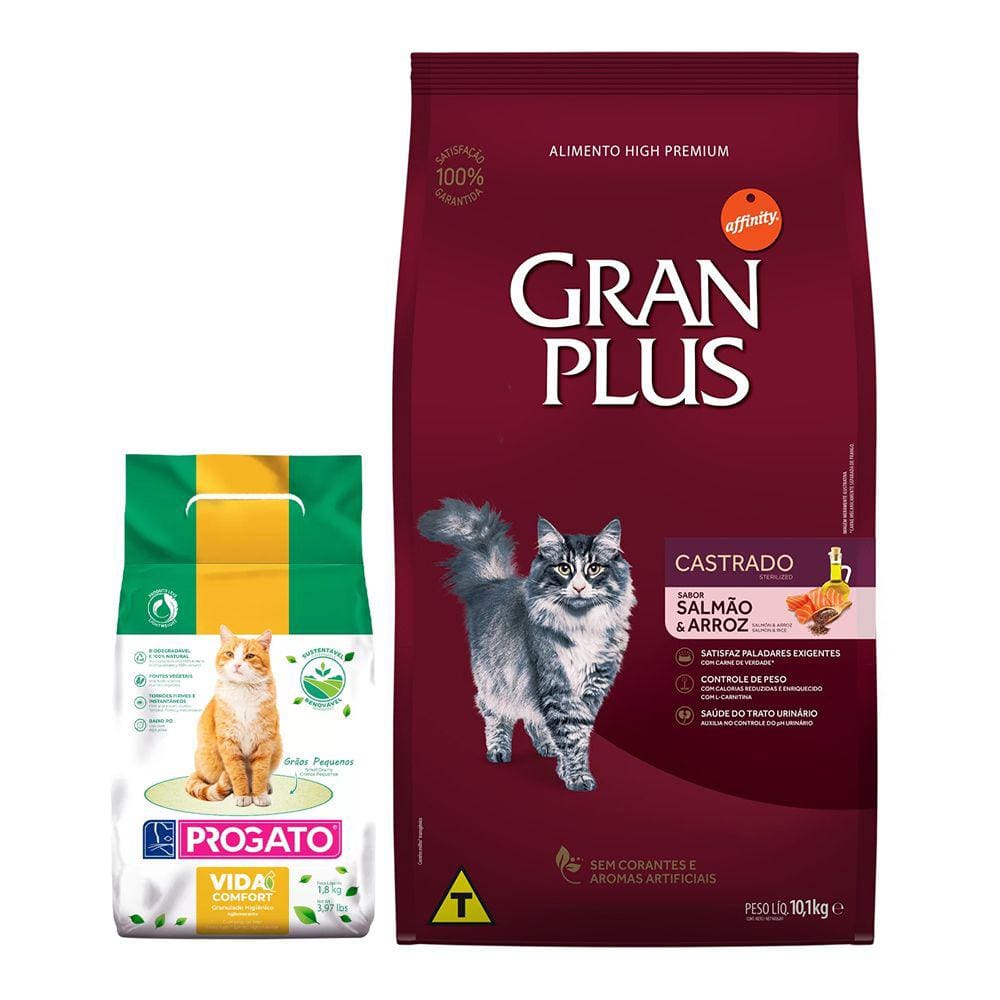 Ração Gran Plus Gatos Adultos Castrados Salmão e Arroz 10,1kg + Areia Biodegradável