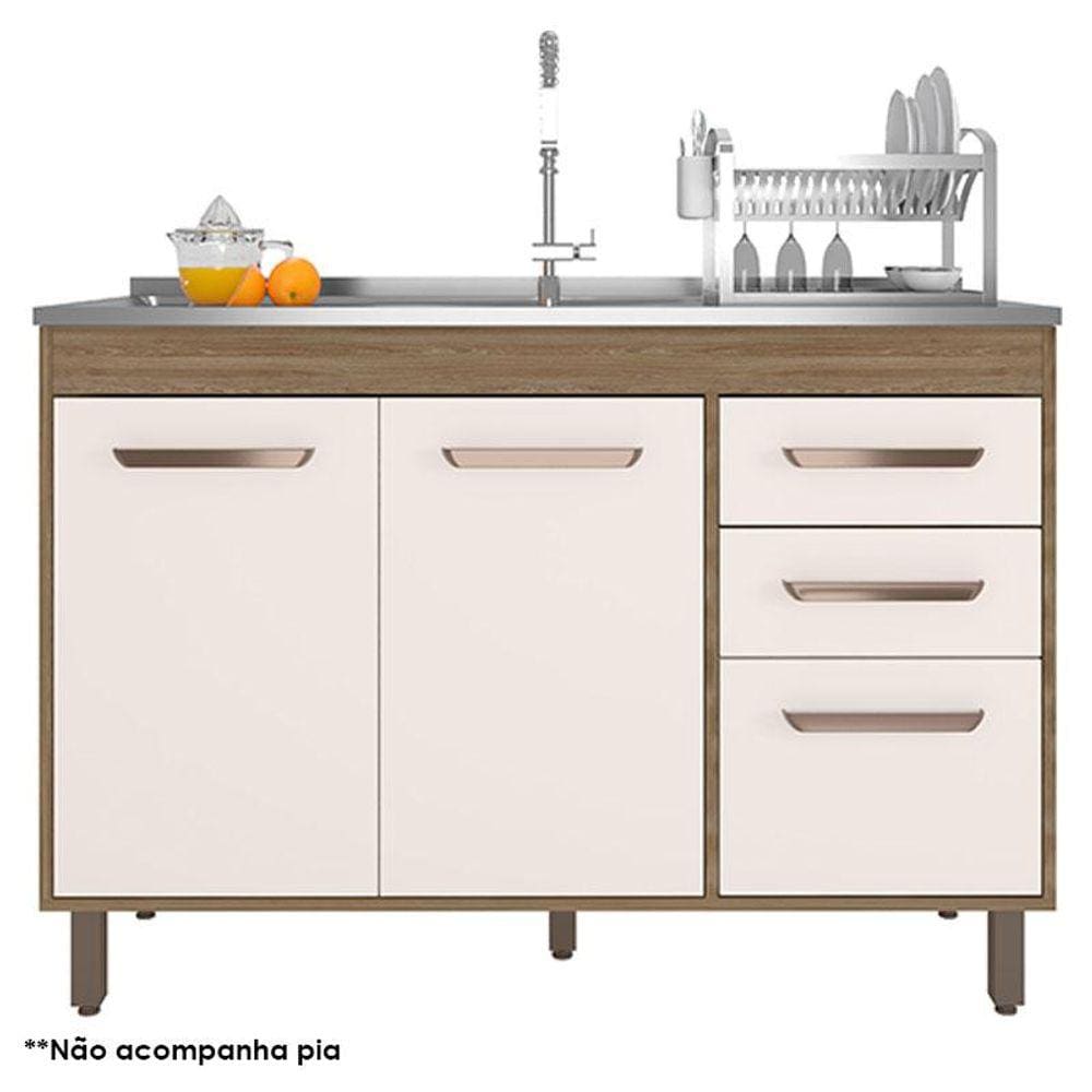 Balcão de Pia 3 Portas 2 Gavetas 120cm Flex Cavalho OAK Off White - Poliman