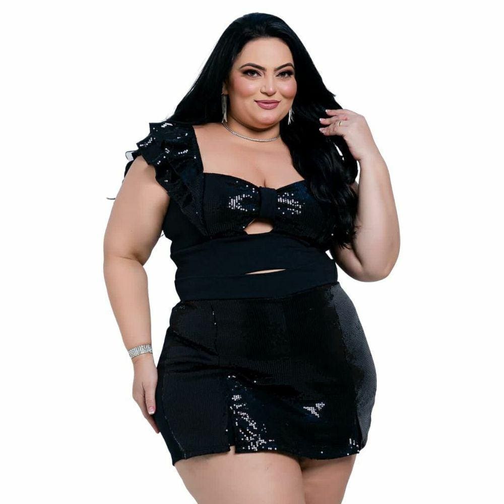 Conjunto Plus Size Feminino de Paetê Cropped e Short Saia 0356