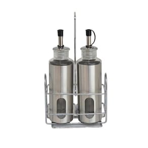Galheteiro 3 Peças Vidro e Aço Inox Azeiteiro Vinagreiro C/suporte