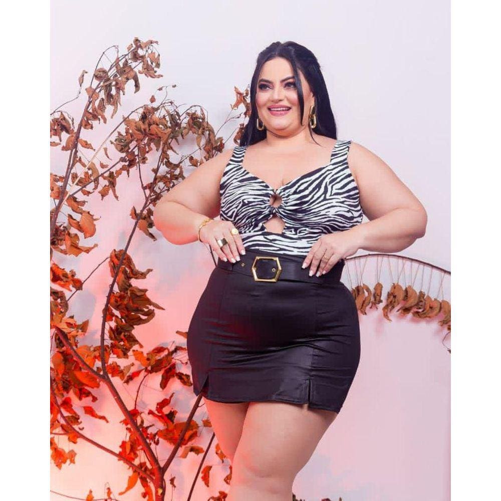Conjunto Plus Size Cropped + Short Saia Cirrê c Cinto 0446
