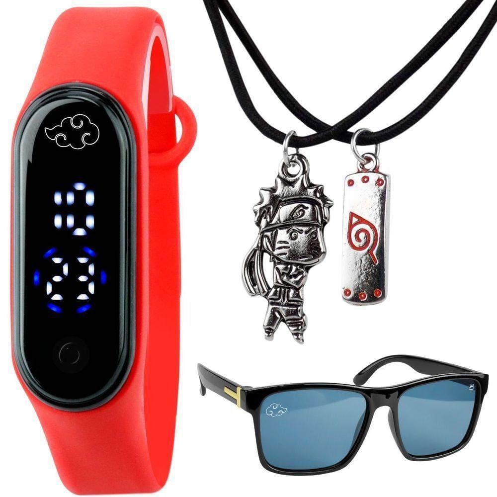 Relogio Digital Infantil Led Naruto + Colar Duplo + Oculos