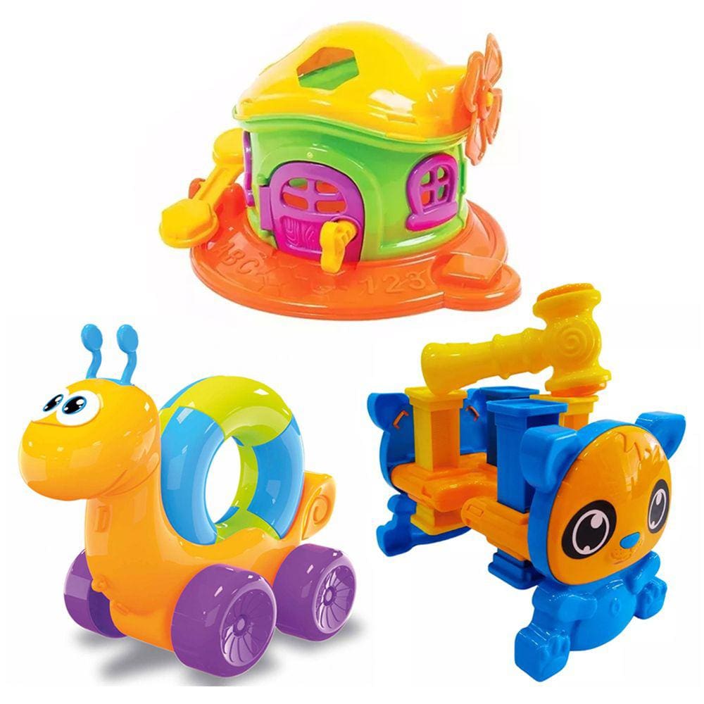 3 Brinquedos Para Bebê Caracol Cogumelo e Mesinha Didático