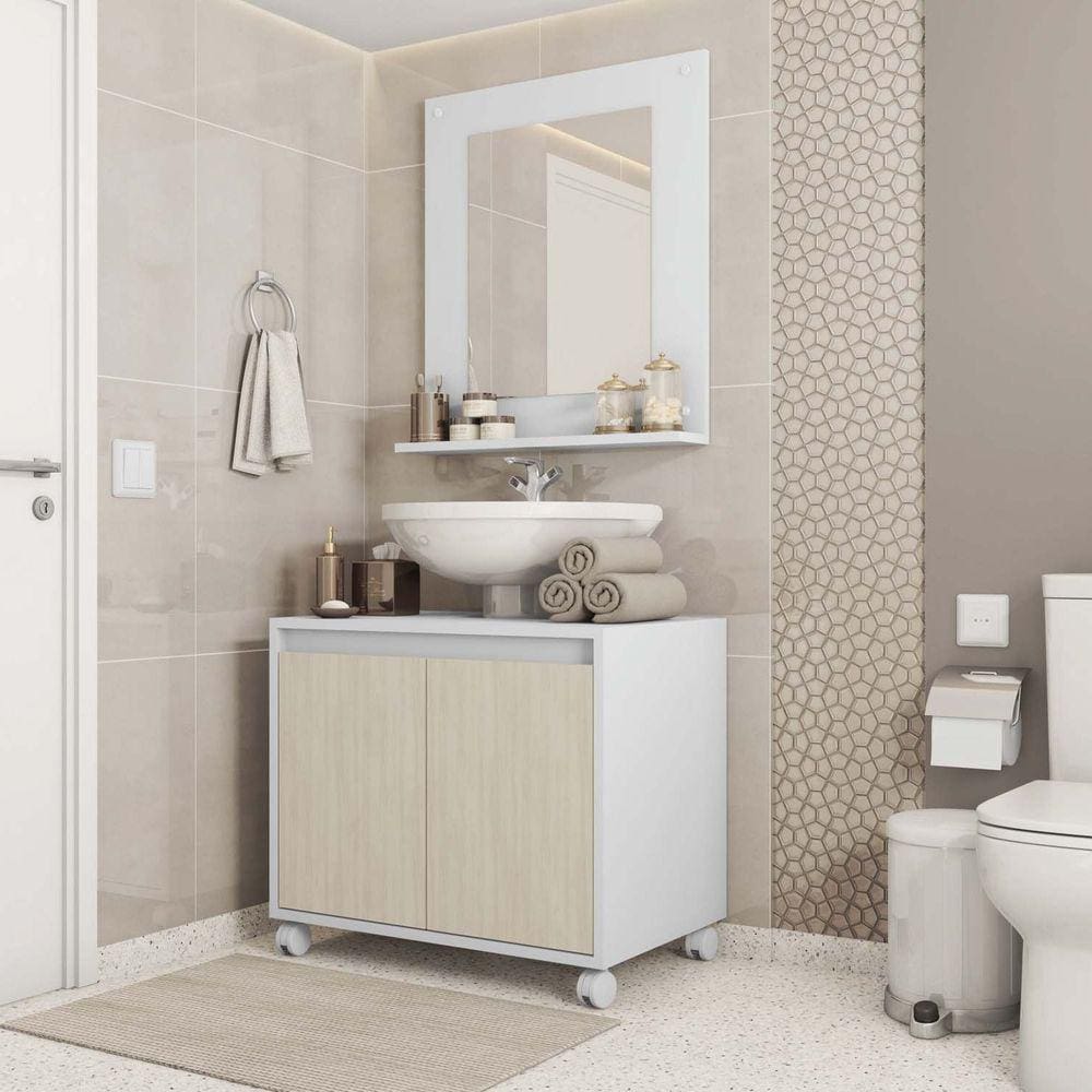 Conjunto Gabinete Armario Banheiro com Espelheira 60cm Branco Off/Ciliegio