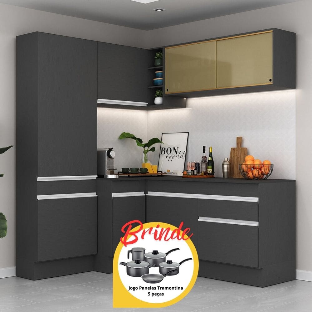 Armário de Cozinha Completa de Canto com Rodapé Veneza Multimóveis MP2089.898 Preto/Branco