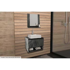 Kit De Banheiro Armário Bn3610 E Balcão Suspenso Bn3606 Pia 60cm Mármore Lunar Tecno Mobili