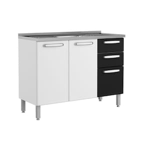 Balcão De Cozinha Gabinete C- Pia Evidence 7025 3 Portas 2 Gavetas 120cm Branco-preto - Bertolini