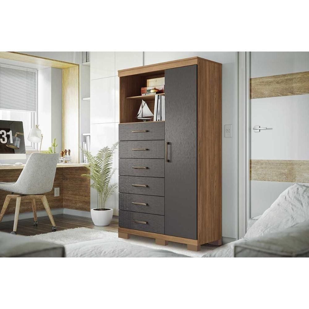 Cômoda Solteiro Marabá 1.6 C/ 1 Porta 2 Nichos E 6 Gavetas C/ Pés Jatoba/grafitte - Santos Andirá
