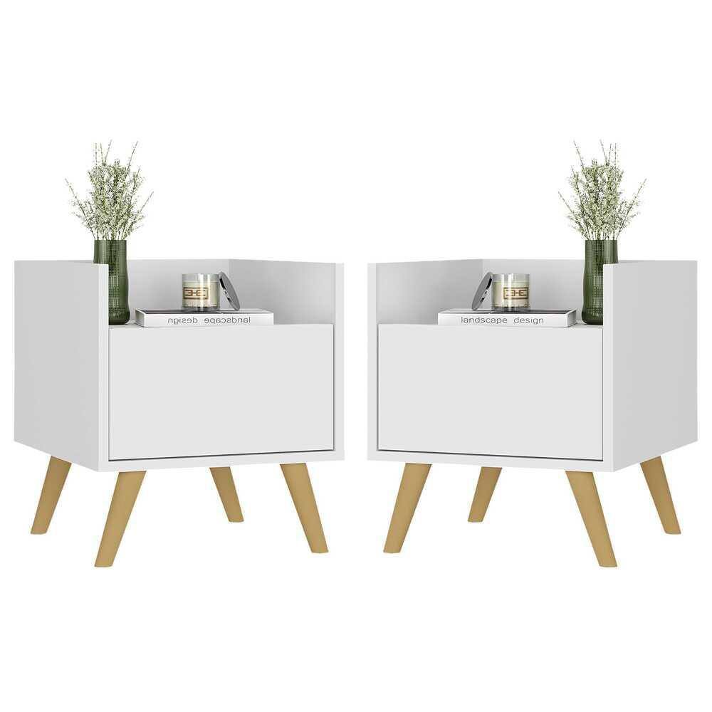Kit com 2 Mesas de Cabeceira 40 cm com Pés Retrô Multimóveis MP4044 Branca/Natural