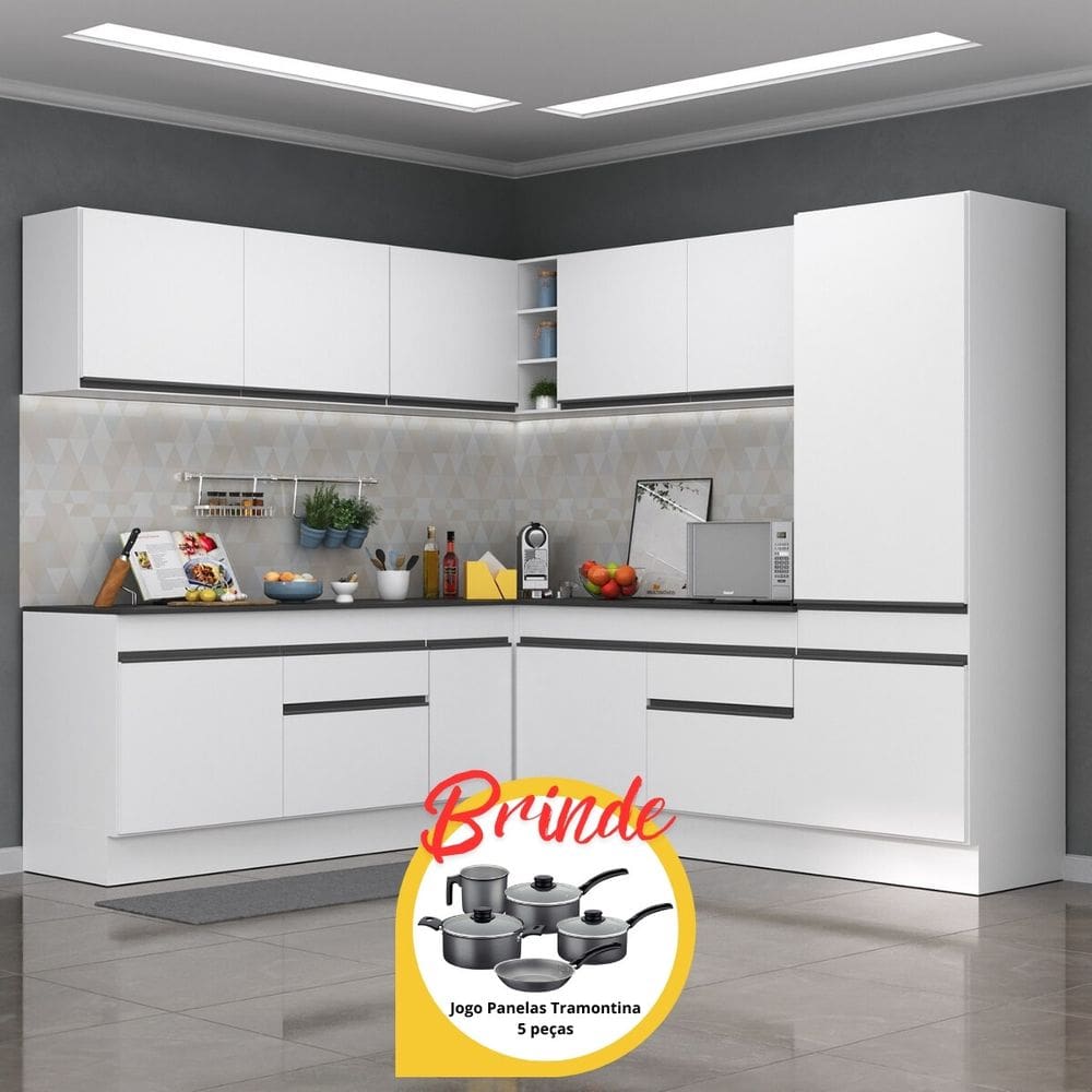 Armário de Cozinha Completa de Canto com Rodapé Veneza Multimóveis MP2101.964 Branco/Preto