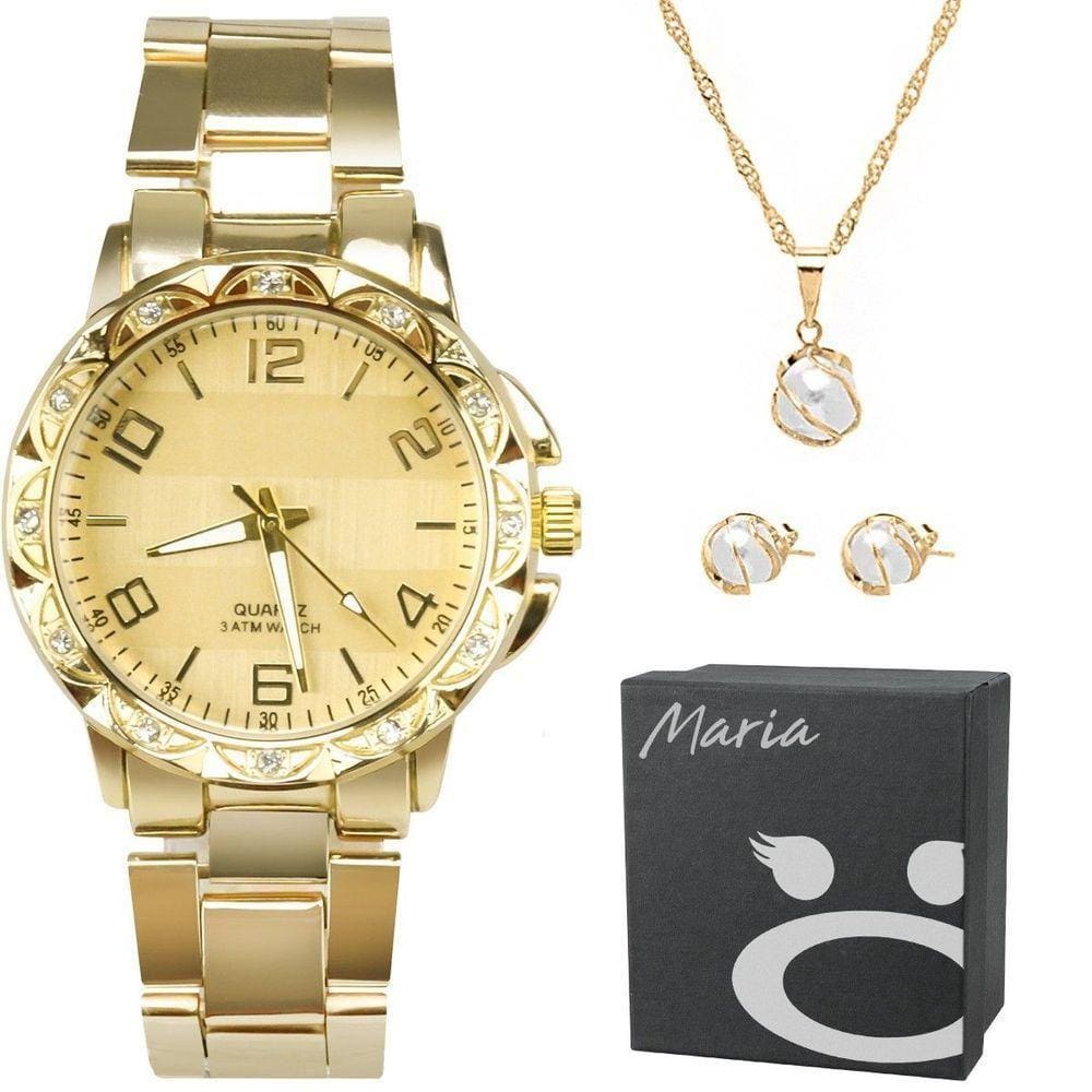Relógio Feminino Strass Banhado Aço + Caixa + Colar Brincos Prova Dagua Social Casual Presente Ouro