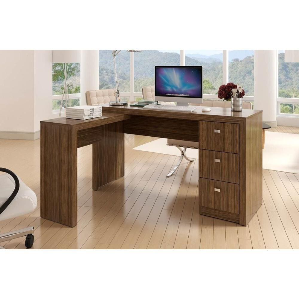 Mesa Canto P/escritório Me4101 C/ 3 Gavetas Nogal - Tecno Mobili