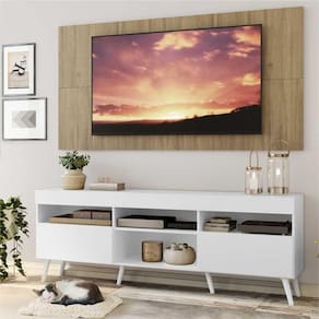 Rack com Painel TV 65" Londres Multimóveis Pés Retrô e 2 portas Branco/Rustic/Branco