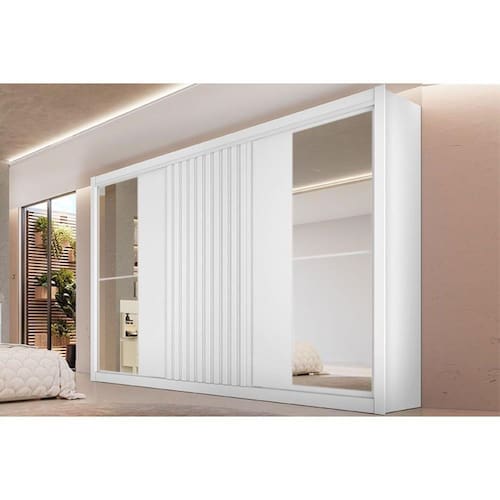 imagem-Guarda Roupa Casal 3 Portas De Correr 1 Ripada E 6 Gavetas C-2 Espelhos Vitória Branco Acetinado - Blush