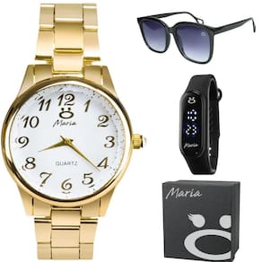 Caixa + Oculos Protecao Uv + Relogio Feminino Dourado Aço
