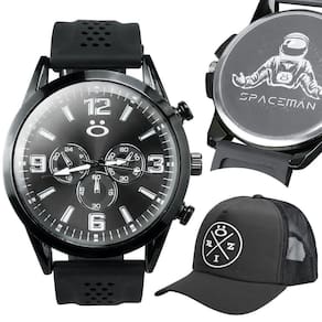 Bone + Relogio Masculino Aço Silicone Ajustavel Analogico