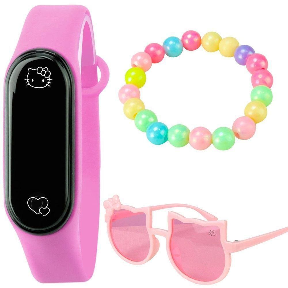 Oculos Sol + Pulseira + Relogio Digital Infantil Led Rosa