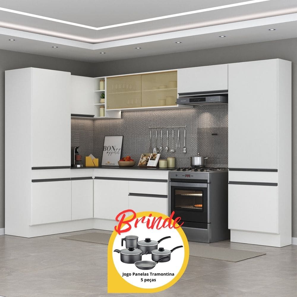 Armário de Cozinha Completa de Canto com Rodapé Veneza Multimóveis MP2090.964 Branco/Preto