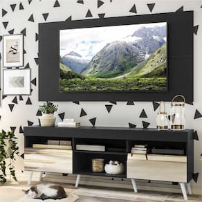 Rack com Espelho, Pés Retrô e Painel TV 65" com 2 Portas Londres Multimóveis Preto/Branco