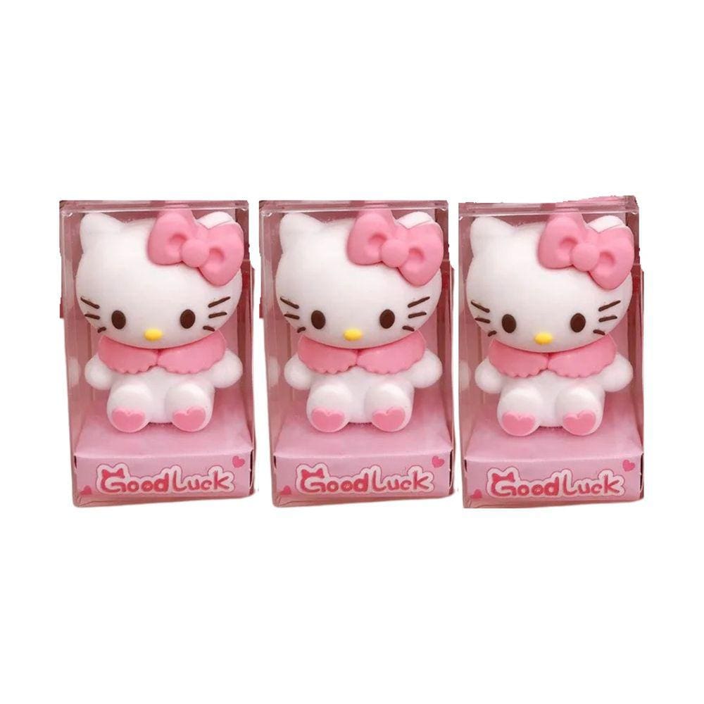 Kit 03 Apontador Escolar Hello Kitty Decorado Gatinha Emborrachado Colecionável Divertido Papelaria Kwaii