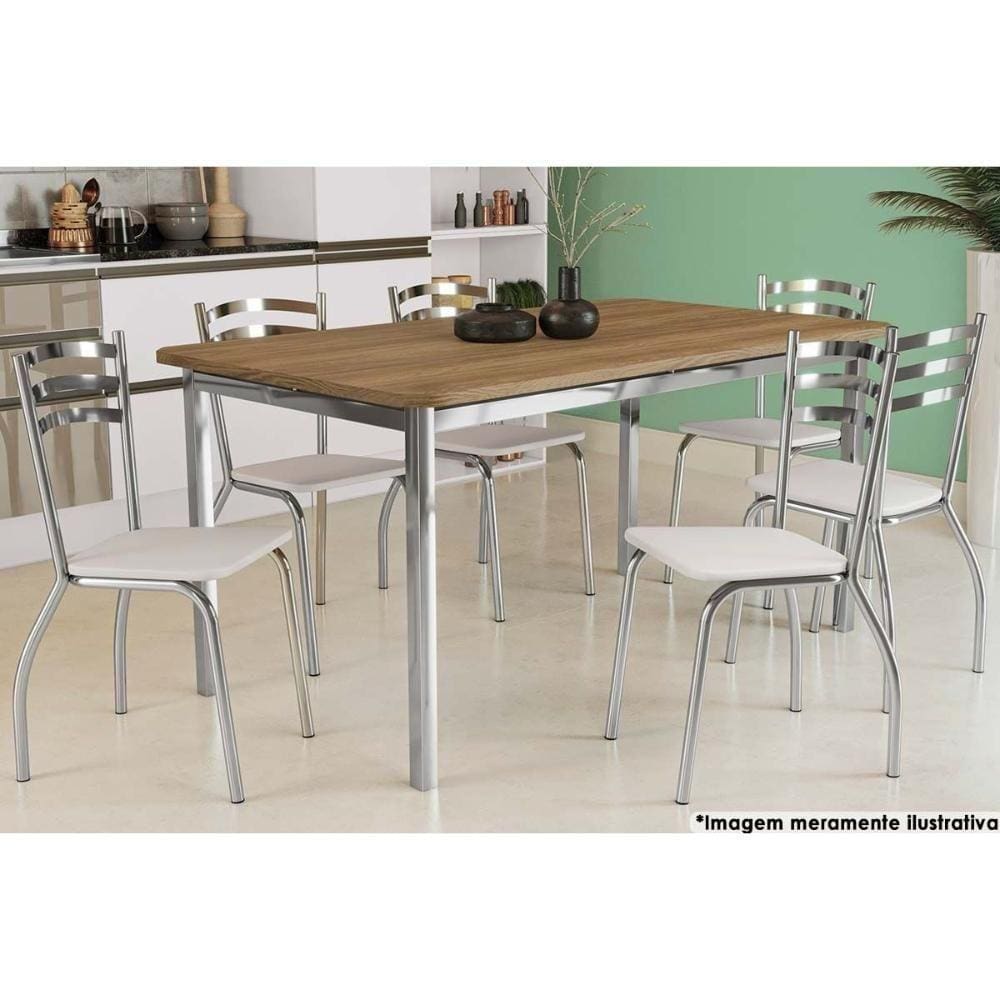 Mesa De Sala Jantar Reno C- Tampo Madeira 160cm + 6 Cadeiras Portugal Cromada - Assento Branco 106 - Kappesberg