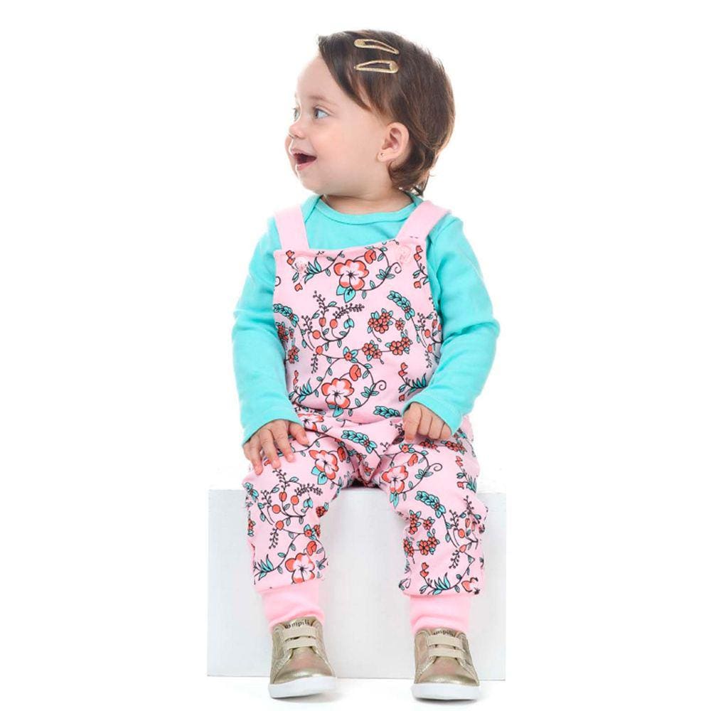 Conjunto de Inverno Menina jardineira longa em moletom Felpudo com body