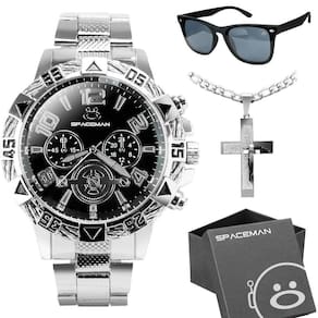 Relogio Masculino Prata + Oculos Proteção Uv + Cordão Social Garnde Analogico Presente Casual Grande