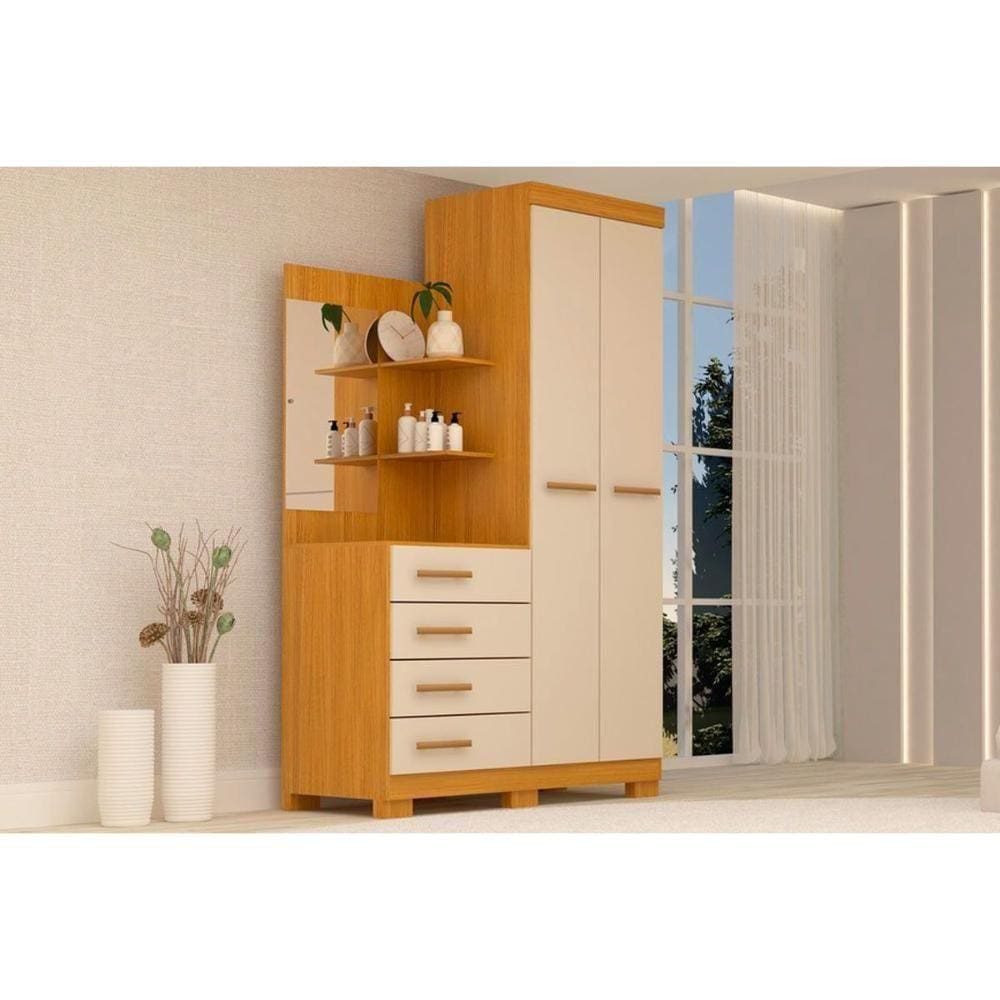 Guarda Roupa Solteiro 2 Portas E 4 Gavetas C- Espelho Melissa Nature-off White - Acp