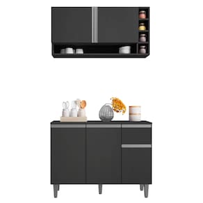 Kit Balcão de Cozinha e Armário Aéreo Elis Cinza - Pallazio