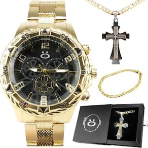 Relógio Masculino Aço Banhado + Pulseira + Cordão Crucifixo Presente Inoxidável Preto Dourado Social