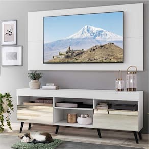 Rack com Espelho, Pés Retrô e Painel TV 65" com 2 Portas Londres Multimóveis Branco/Preto