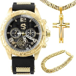 Relogio Masculino Dourado Aço Inox + Cordão Cruz Presente Dourado Analógico Casual Ajustavel Banhado