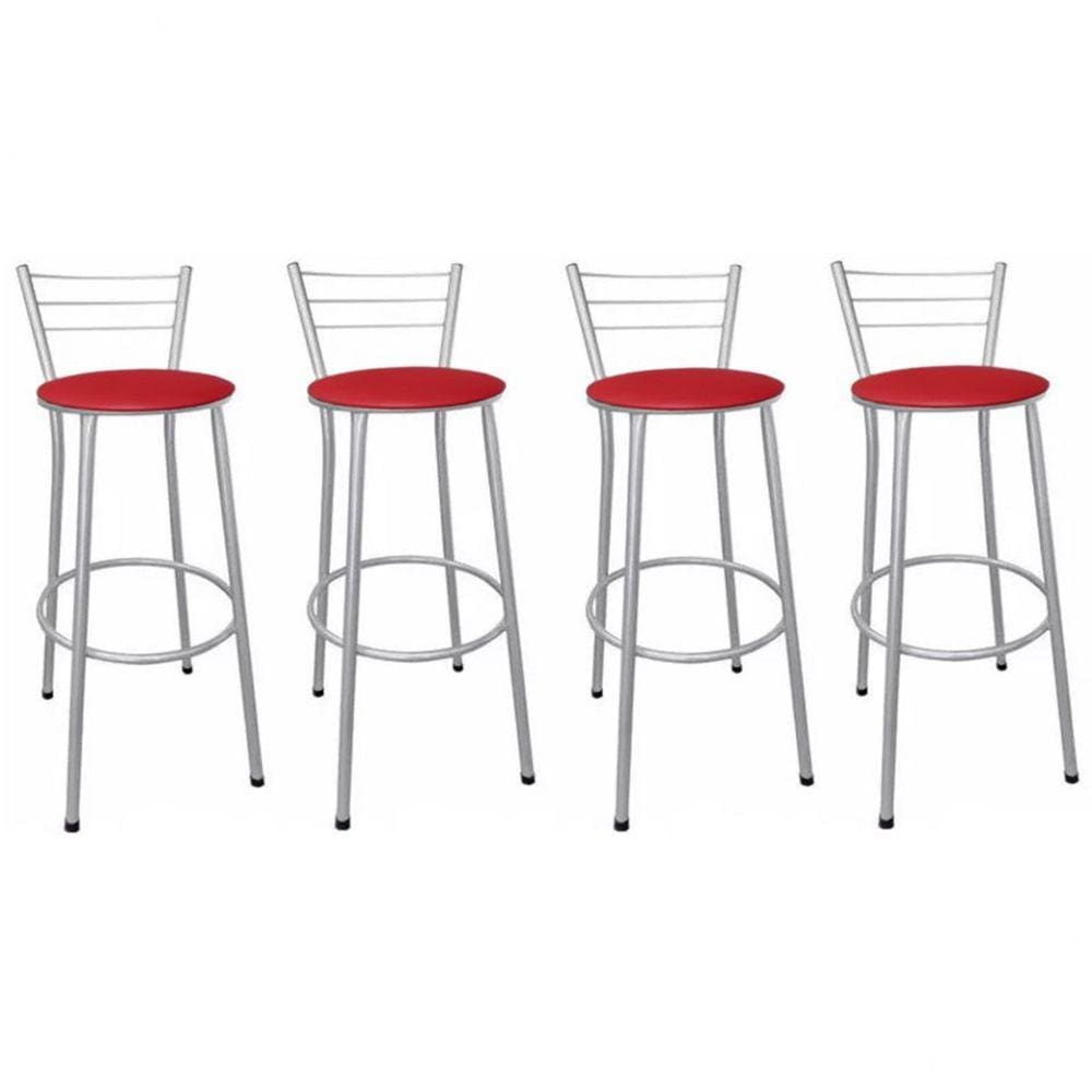 Kit 4 Banquetas Médias Prata com Encosto Assento Vermelho