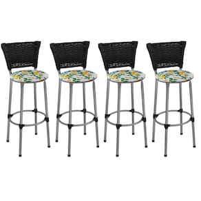 Kit 4 Banquetas Médias Prata com Encosto Junco Preto Assento Floral Branco