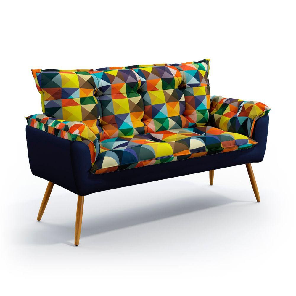 Poltrona Namoradeira Beta / F-015 N-025 Sued Estampado Vermelho com Veludo Azul Marinho