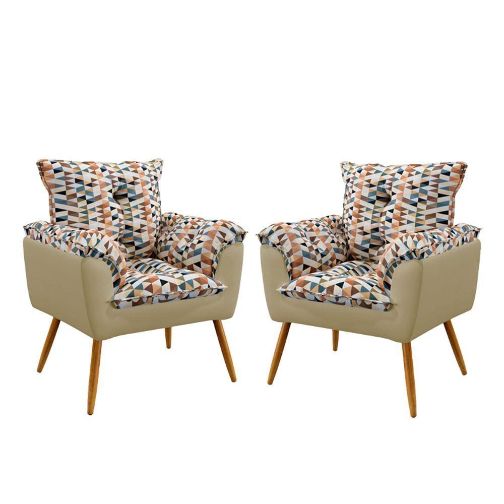 Kit 2 Poltronas Decorativas Beta Sued Estampado Laranja com Bege Aradecor