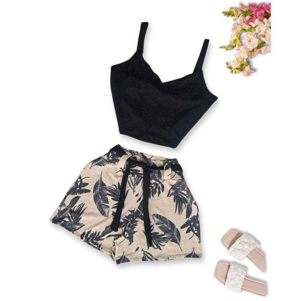 Conjunto Plus Size Feminino Cropped Liso Short Estampado 0452