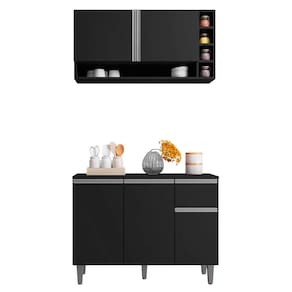 Kit Balcão de Cozinha e Armário Aéreo Elis Preto - Pallazio