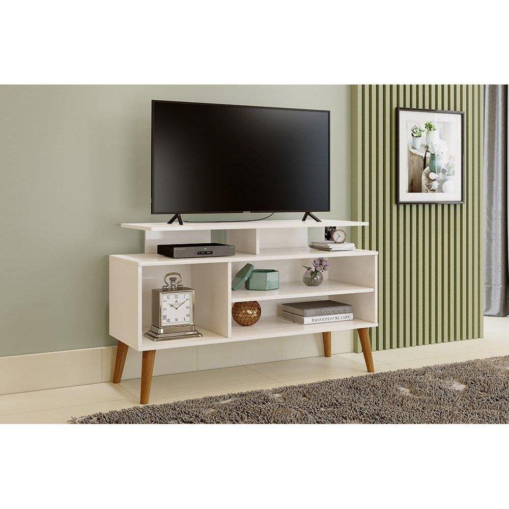 Rack  TV 42" Pés Madeira Retrô Lyon Off White e Naturale Carmolar