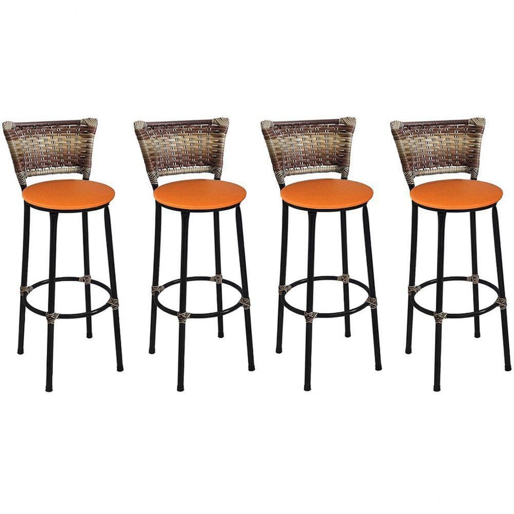 Kit 4 Banquetas Médias Preta com Encosto Junco Capuccino Assento Laranja
