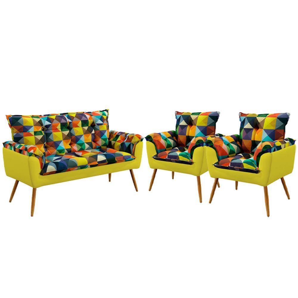 Kit Poltrona Namoradeira e 2 Poltronas Beta Sued Estampado Colorido com Amarelo Aradecor