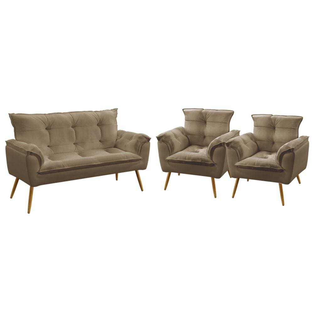 Kit Poltrona Namoradeira e 2 Poltronas Decorativas Beta Sued Capuccino Aradecor