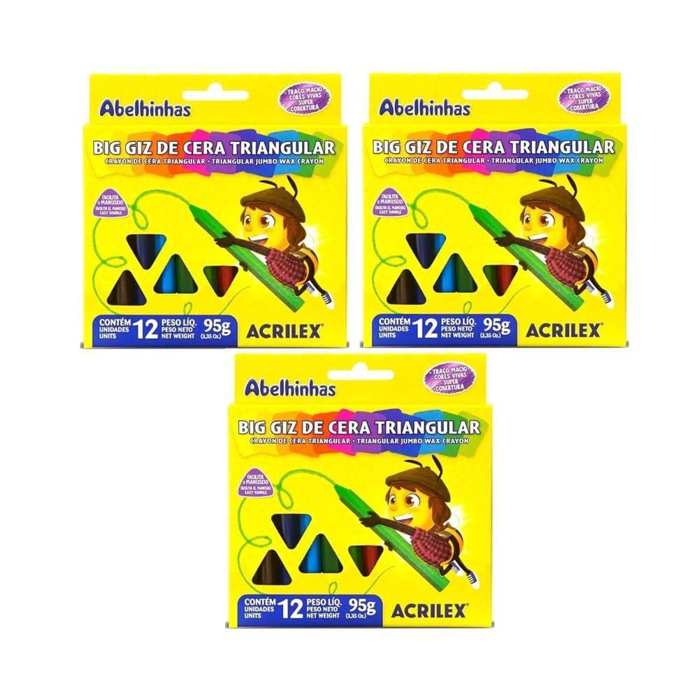 Kit 03 Big Giz de Cera Triangular Gizão Jumbo 12 Cores Acrilex