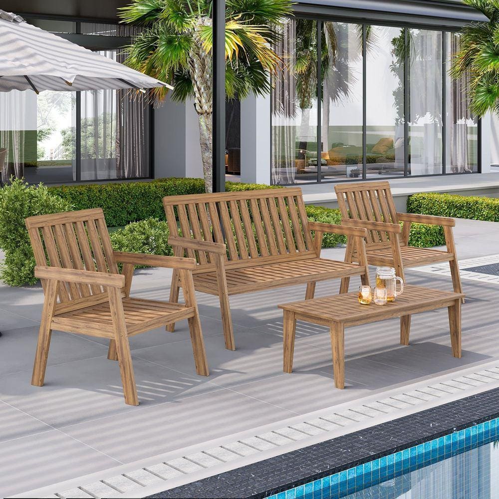 Conjunto Para Jardim Família 4 Peças 3 Poltronas 1 Mesa de Centro de Madeira Eucalipto sem Almofada Amadeirado