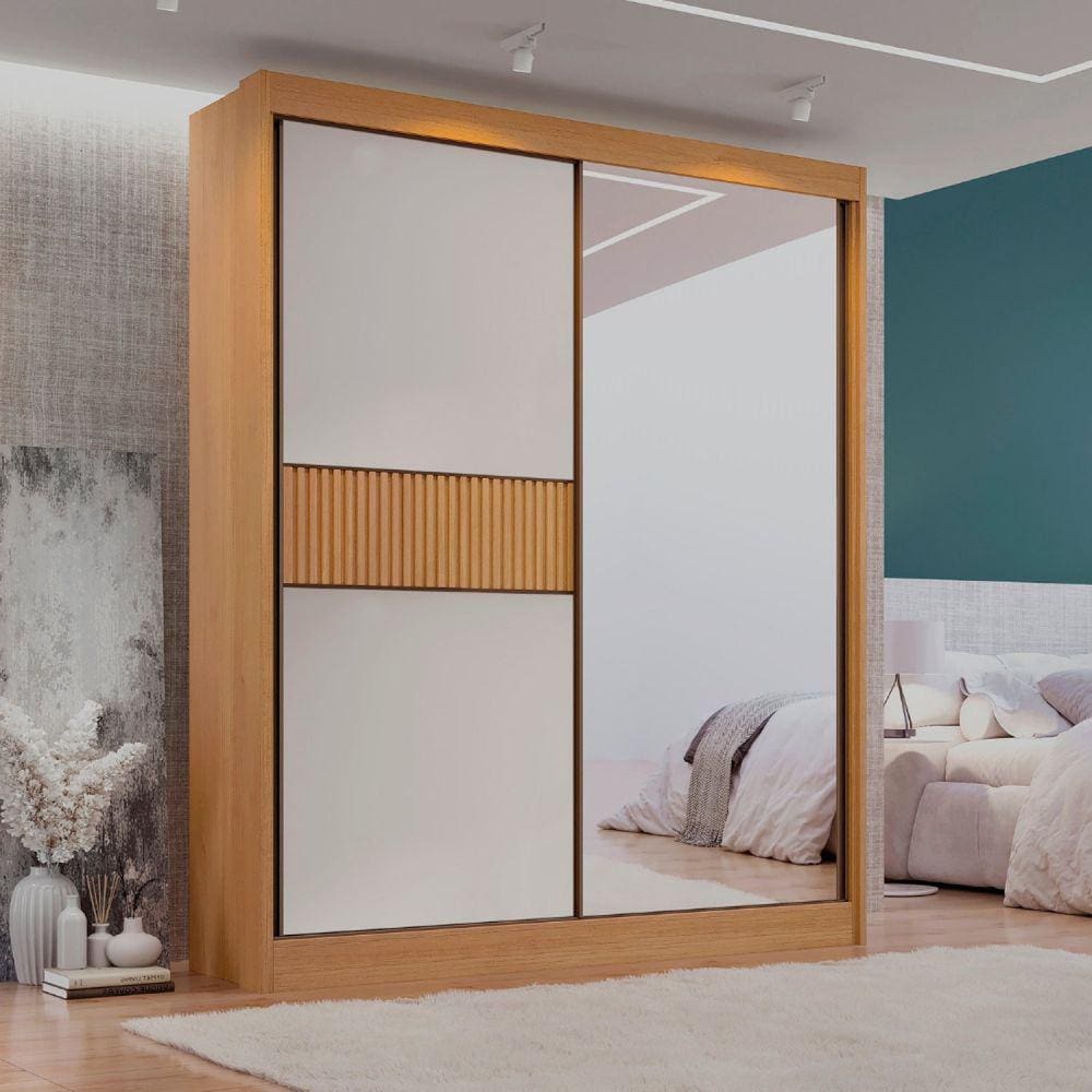 Guarda Roupa Casal 2 Portas 3 Gavetas com Espelho 100% Mdf Grécia Ripado Cinammo/Off White