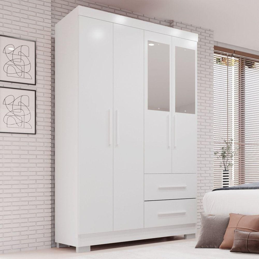 Guarda-roupa Solteiro 4 Portas com Espelho 2 Gavetas Estrela Premium Branco
