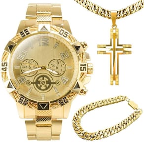 Relogio Masculino Banhado Ouro Aço + Pulseira + Crucifixo Casual Grande Pesado Social Prova Dagua